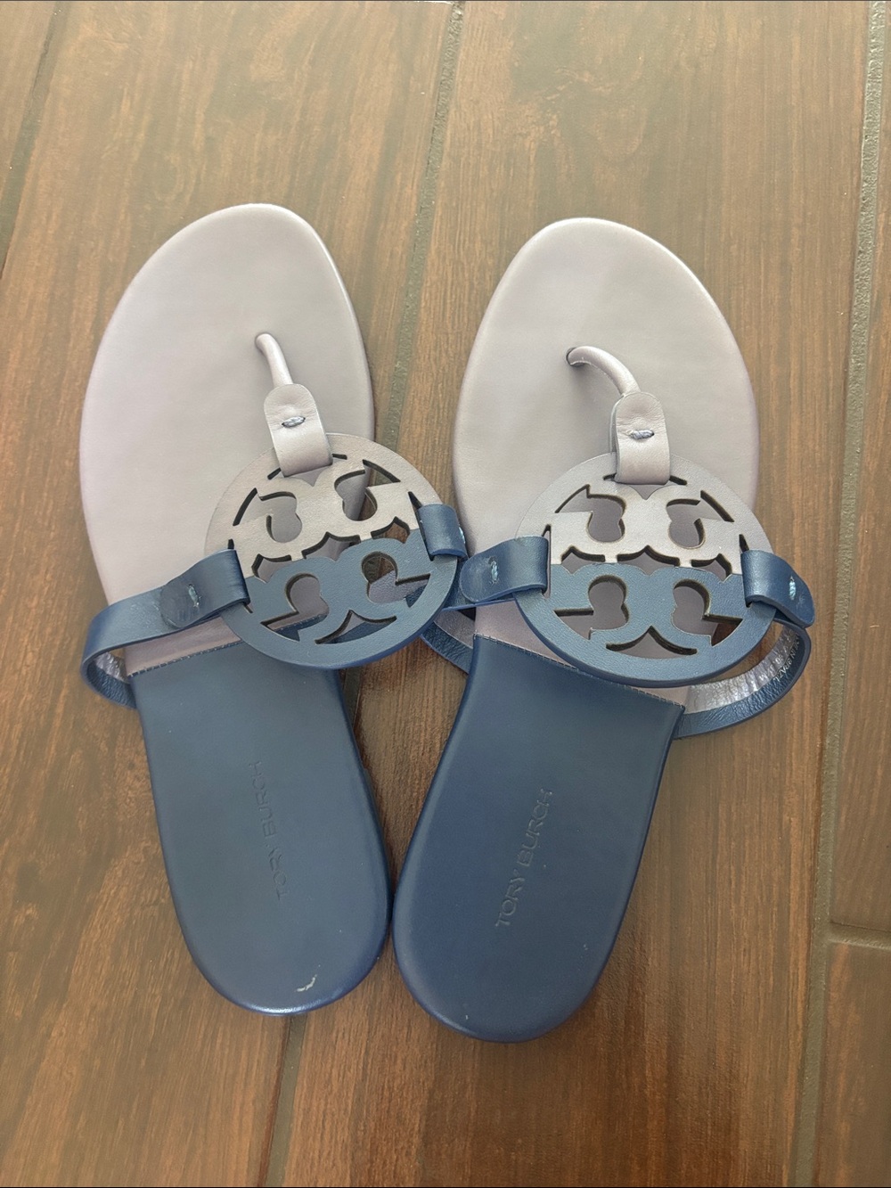 Tory Burch Two-Tone Blue Leather Miller Thong Sandals